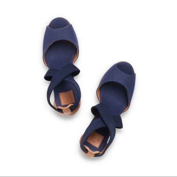 Tory Burch Wedges Navy Peep Toe Espadrille - Picture 2 of 9